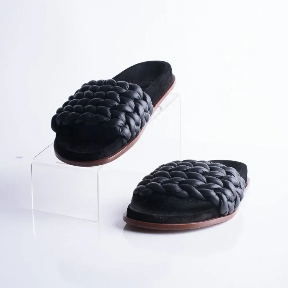 Chloe Womens Black Kacey Flats Braided Slide Sandals Shoe Leather US 8 EU 38